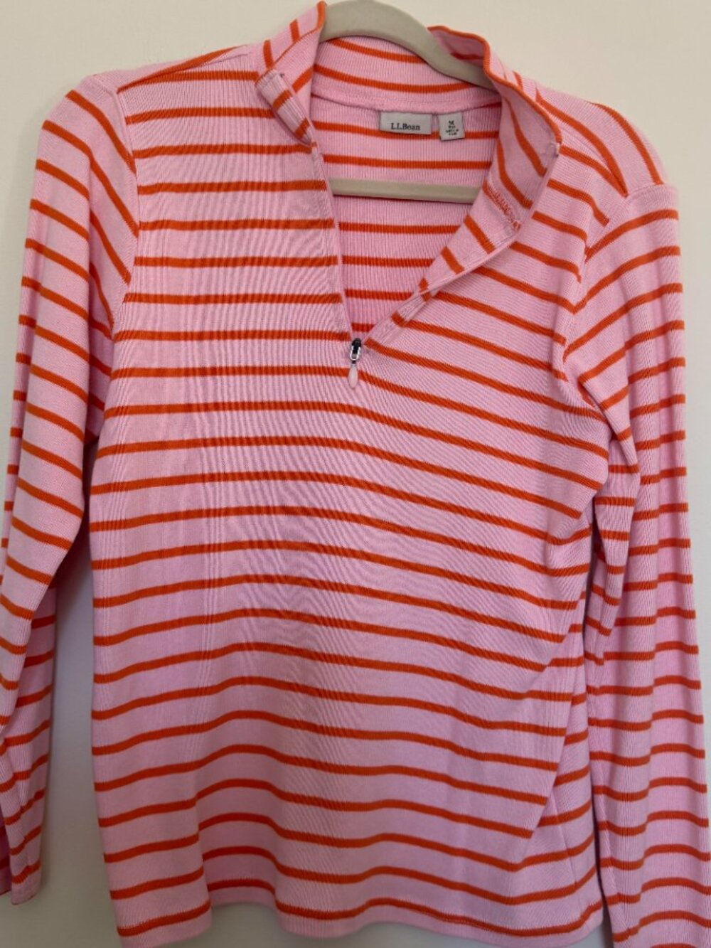 L.L. Bean Sailor Striped Half Zip Pullover Sweater Preppy Orange Pink - Medium